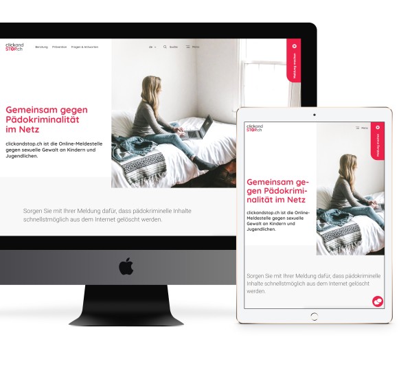 Screenshot der Startseite von clickandstop.ch, dargestellt als Ansicht auf einem Mac-Bildschirm und auf einem Tablet