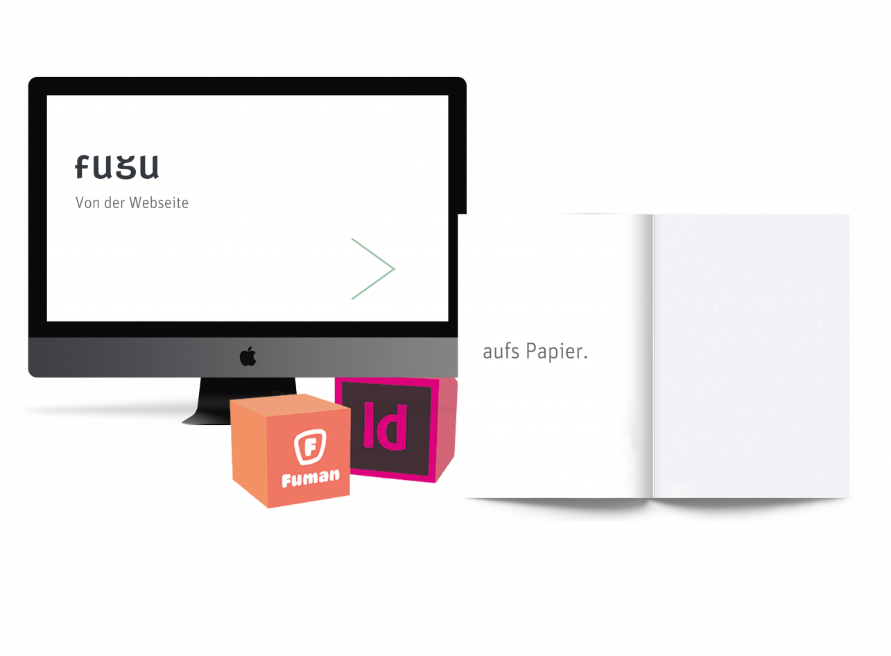 Das CMS Fuman hat eine Erweiterung fuDesign, mit der sich Webseiteninhalte ins Adobe InDesign® überführen lassen. Bild zeigt einen Laptop, auf dessen Bildschirm das Fuman-Männchen mit zwei Klötzen steht. die Klötze tragen die Logos von Fuman und von Adobe