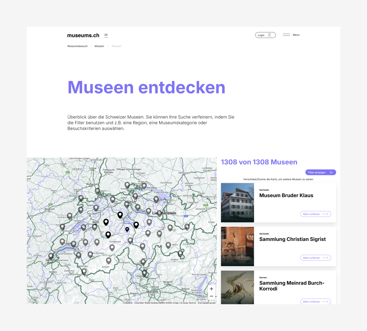 Screenshot Museumsübersicht museums.ch